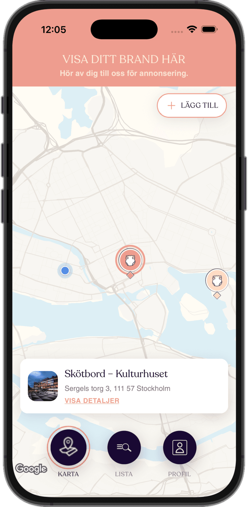Balou-app som visar en karta med skötbord och barnvänliga platser nära användaren